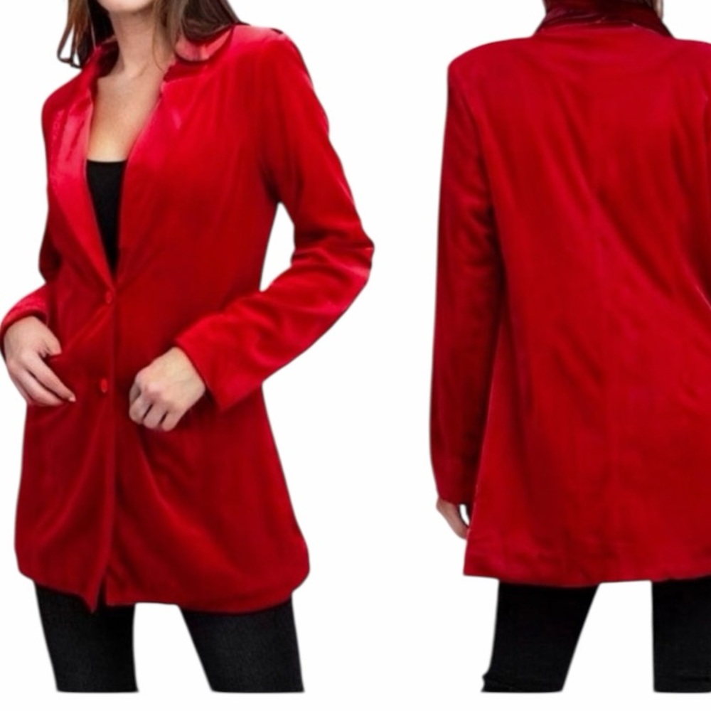 BiBi Red Velvet Peaked Lapel Oversized Long Blazer L